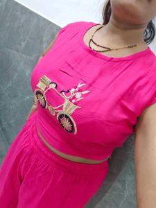 Stylish Pink Kurta Set with Bicycle Embroidery