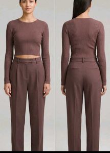 Chic Ribbed Crop Top & Pleated Trousers Set