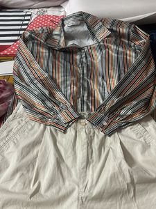 Button-Up Shirt with off white pleated pants
