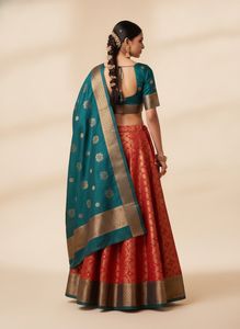 Elegant Teal &amp; Orange Banarasi Silk Lehenga