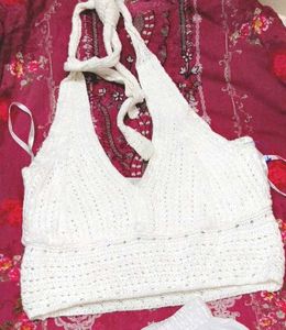 Crochet Halter Neck Crop Top with shorts