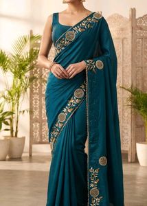 Teal Embellished Saree with Blouse