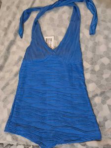 Blue Halter Neck Ruched Romper
