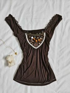 Embellished Brown Cap Sleeve Top