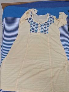 Cream Kurta with Blue Floral Print Yoke
