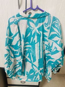 Stylish Blue &amp; White Tropical Print Shirt
