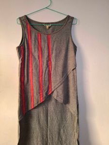 Chic Grey Sleeveless Dress with Vertical Stripe