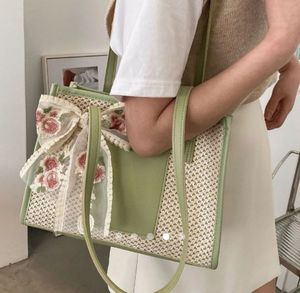 Chic Woven Tote Bag with Floral Bow