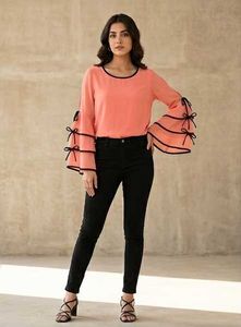 Peach Cold-Shoulder Top with Tiered Bell Sleeves