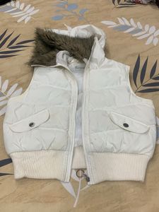 White Puffer Vest with Fur Hood
