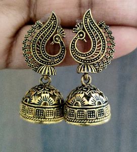 Antique Gold Peacock Jhumka Earrings