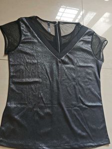 Chic Metallic Top with net on neck and sleeves