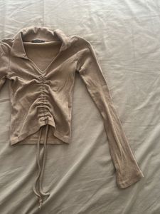 Ruched Drawstring Collared Top