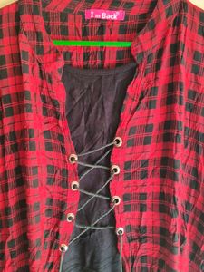 Red &amp; Black Plaid Lace-Up Top