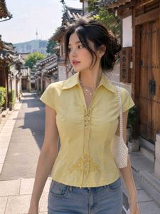 Korean Pintrest Yellow Lace-Up Embroidered Top