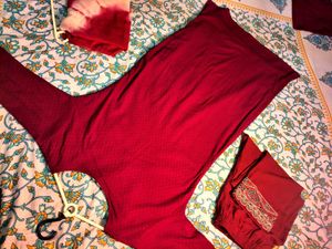 Maroon Embroidered Kurta Set with Pants &amp; Dupatta