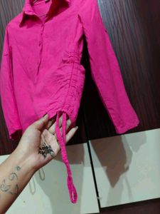 Vibrant Pink Ruched Button-Up Shirt