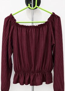 Maroon Off-Shoulder Long Sleeve Top