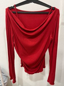 Red Long Sleeve Cowl Neck Top