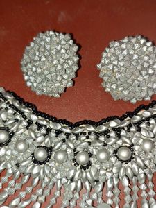 hand made Silver Beaded Necklace and Earrings Set