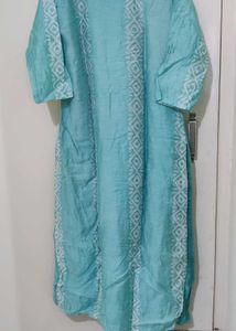 Turquoise Kurta with White Geometric Print