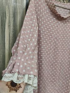 Chic Pink Polka Dot Top with Lace Trim