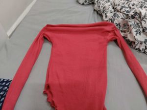 Coral Off-Shoulder Ribbed Top