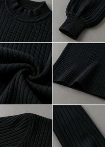 BLACK RIBBED HIGH NECK FLARED SWEATER DRESS