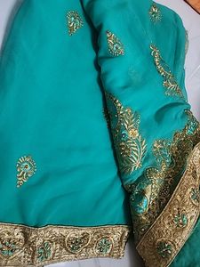 Teal &amp; Gold Embroidered Sari