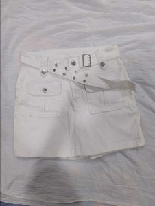 White Utility Denim Skort with Belt