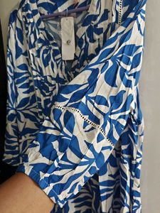New Blue &amp; White Leaf Print Summer Dress 48 inches