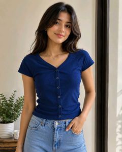 Chic Blue Ribbed Button-Up Top