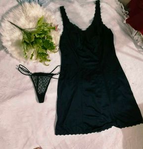 Black satin slip  nighty with thong👍