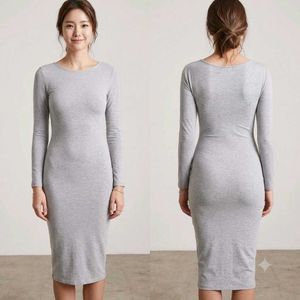Grey Long Sleeve Bodycon Midi Dress