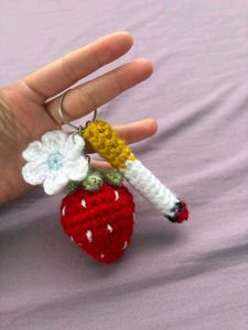 Crocheted Strawberry &amp; Flower Keychain