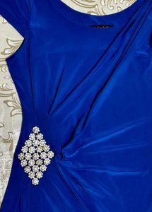 Elegant Blue Ruched Dress with Rhinestone Accent