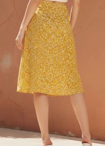 Yellow Floral Midi Skirt with Slit
