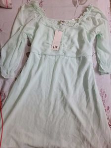 Light Green Puff Sleeve Square Neck Dress