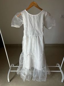 Sheer White Puff Sleeve Tiered Midi Dress