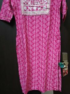 Pink Printed Kurta with White Embroidery
