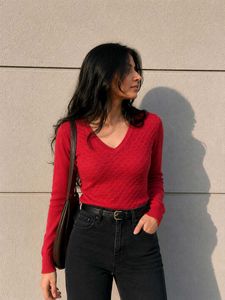 V-Neck Red Textured Sweater