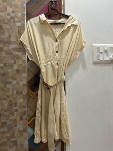 Cream Button-Down Shirt Dress with Belt