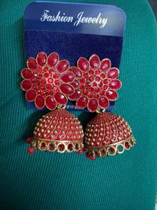 Red Jhumka &amp; Stud Earrings Set