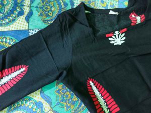 Black Kurta with Red &amp; White Print
