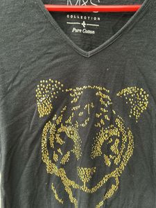 black casual top with embellished tiger imprint