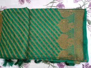 Green &amp; Gold Striped Saree Fixed Price