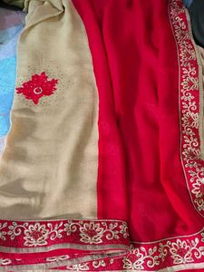 Elegant Beige & Red Embroidered Saree
