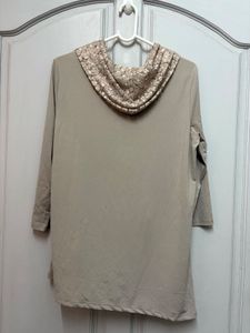 Calvin Klein Taupe Lace-Trim Cowl Neck Top