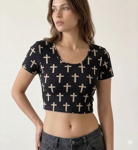 Black Cropped T-Shirt with Cross Print