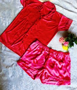 Red Satin kiss print pajama set 👍